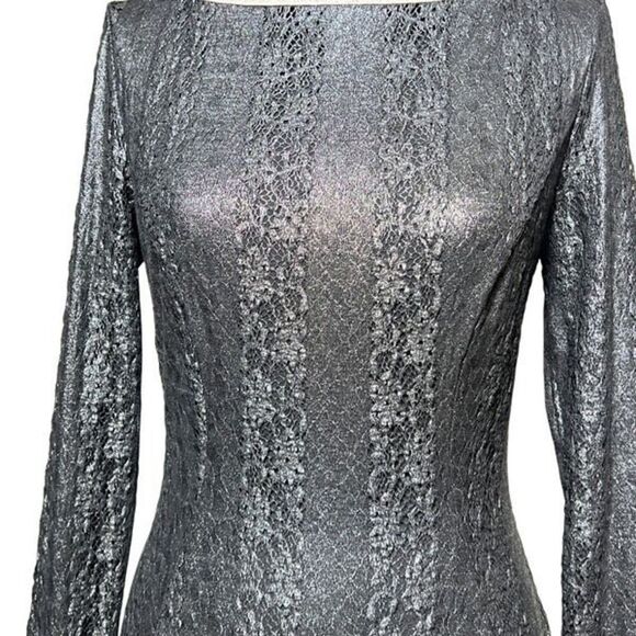 Cache Long Sleeve Grey Metallic Sheath Dress Size 2 - Picture 2 of 5